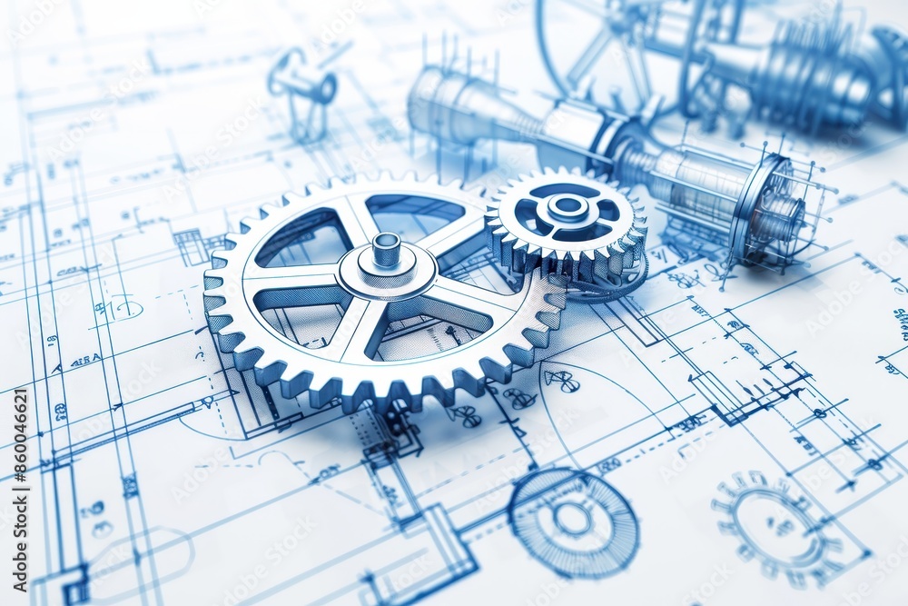 Poster detailed blueprints and mechanical gears symbolize engineering and design precision, representing in
