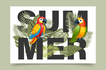 Summer background, word Summer with cute colorful parrots and tropical leaves. Cute macaw birds. Poster, banner, postcard