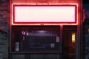 Neon-lit storefront with blank signboard in urban setting. Perfect for nightlife, city adventures, and urban lifestyle themes.