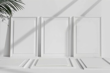 Three blank white picture frames leaning against a white wall with a potted plant, casting shadows in a minimalistic setting.
