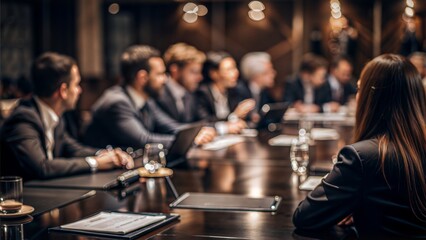 Business Meeting Blur: A blurred background of a business meeting or roundtable discussion in a conference hall, with participants.
