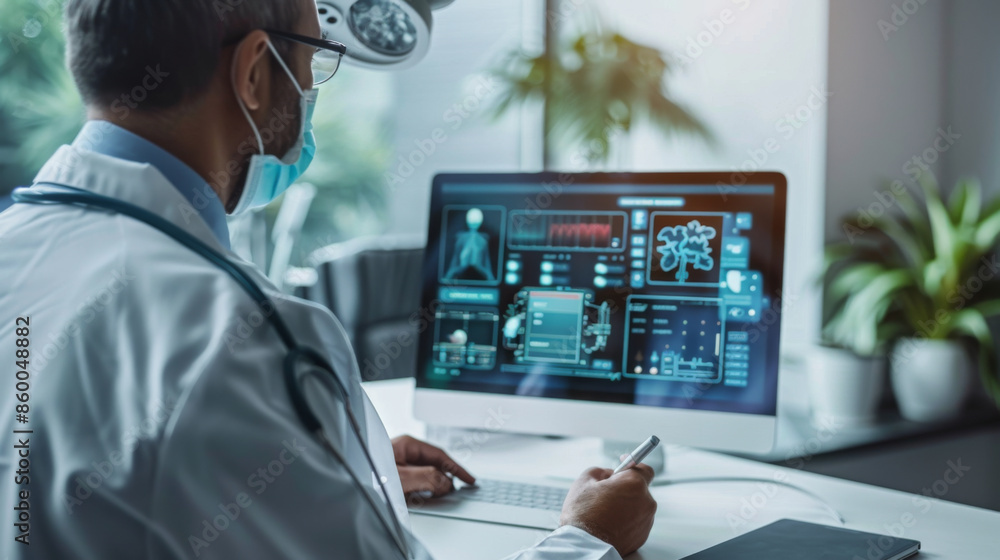 Poster doctor in a mask using a computer to analyze medical data, focusing on digital health and technology