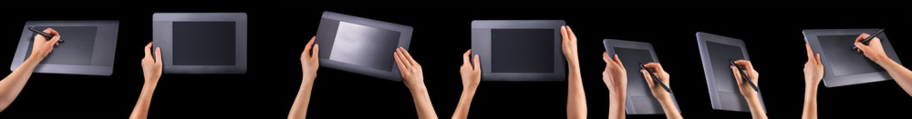 Set of hand holding graphic tablet for illustrators and designers on black