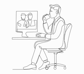 Continuous one line drawing of businessman meeting with his client, drinking coffee and looking at work on pc screen