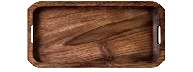 A top view of a wooden tray made from walnut wood with natural grain.