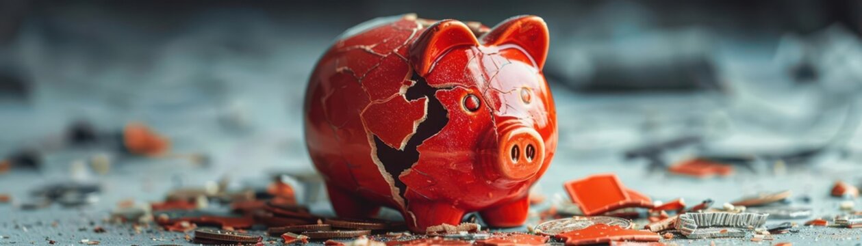 Closeup of a broken piggy bank symbolizing financial loss during a global economic crisis broken piggybank global economic crisis closeup symbolize money savings destruction depriv