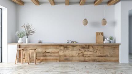 Rustic room interiors design composition with wooden elements and relaxing tones. Residential home decor concept image.