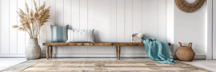 Rustic room interiors design composition with wooden elements and relaxing tones. Residential home decor concept image.