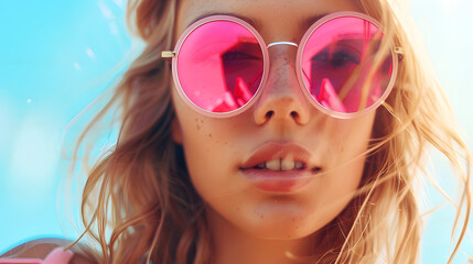 Fototapeta premium Closeup portrait of magnificent caucasian girl in round pink sunglasses Lovable longhaired blonde woman enjoying life and having fun at resort : Generative AI