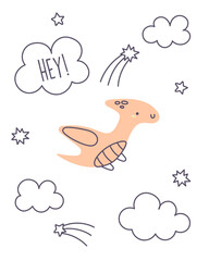 Card with cute dinosaur. Funny dinosaur flies in space. Pterodactyl among stars and clouds. Cute Dino poster. Cartoon card. Hand drawn cute doodle character Animal. Vector illustration