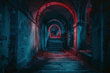 Fototapeta premium A Mysterious Passageway Lit by Red and Blue Lights
