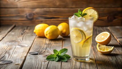 Fototapeta premium Refreshing glass of ice lemonade on a wooden table , ice lemonade, drink, beverage, glass, refreshing, cold, summer