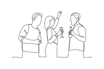 Simple line drawing of young people relax when hanging out. Happy people eating, talking at home and restaurants parties, hangouts with food and drinks. 