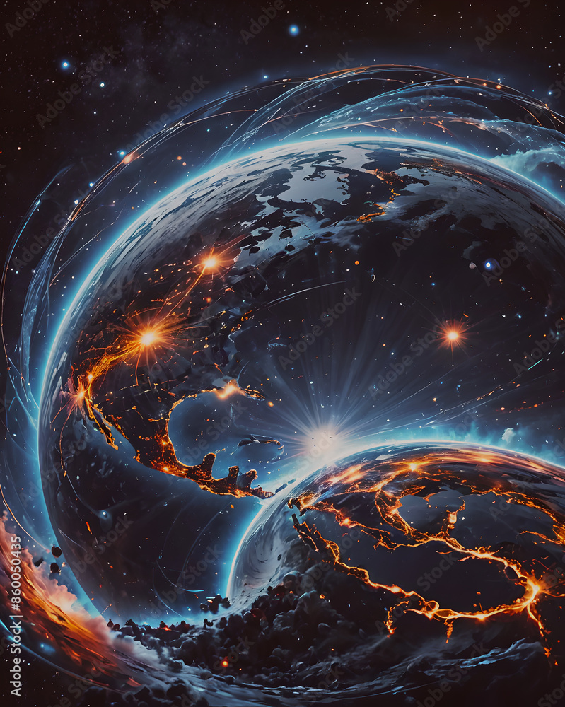 Poster planets in space with stars and nebulae. 3d rendering