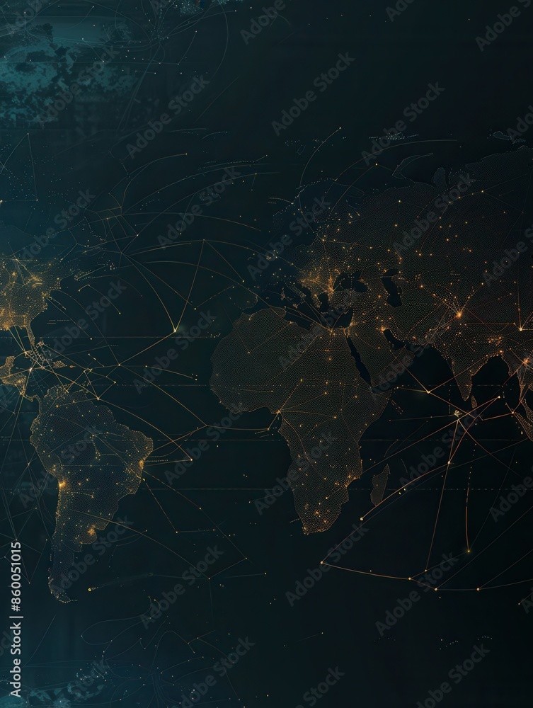 Poster A simple and modern illustration of the globe, showcasing all continents with clean lines and connecting dots representing global connectivity. Generative AI