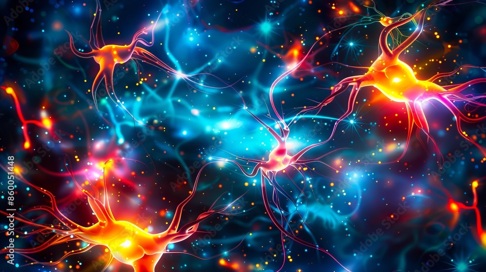 Wall mural Neurons in space with bright lights.