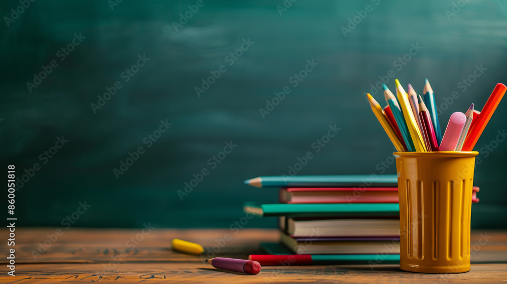 Poster a stack of books with colorful pencils in a container, placed on a desk with a chalkboard in the bac