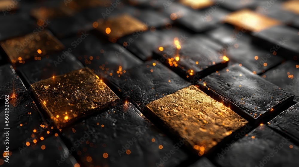 Aufkleber a grid pattern composed of black squares with occasional glowing golden squares in between, symboliz
