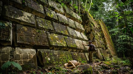 Obraz premium A man standing in the jungle near some large stone blocks.