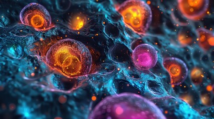 The image presents a high-resolution digital depiction of colorful cellular structures, creating an abstract and scientifically intriguing view of microscopic life.
