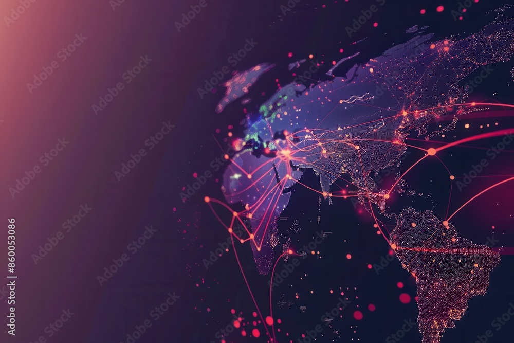 Poster A minimalist illustration of a world map with red lines connecting various cities and continents, symbolizing global travel and tourism. Generative AI