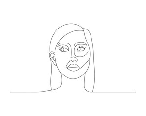 Continuous one line drawing of  beautiful woman face. Girl outline vector illustration with active stroke, lady in one line style isolated on white background