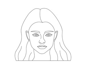 Continuous one line drawing of  beautiful woman face. Girl outline vector illustration with active stroke, lady in one line style isolated on white background