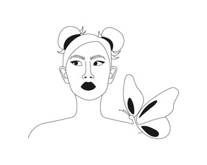 Continuous one line drawing of  beautiful woman face with butterfly. Girl outline vector illustration with active stroke, lady in one line style isolated on white background