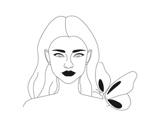 Continuous one line drawing of  beautiful woman face with butterfly. Girl outline vector illustration with active stroke, lady in one line style isolated on white background