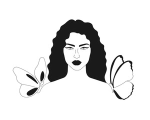 Continuous one line drawing of  beautiful woman face with butterfly. Girl outline vector illustration with active stroke, lady in one line style isolated on white background