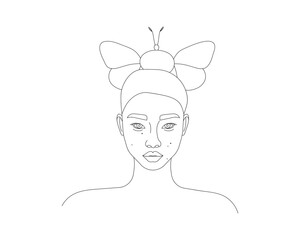 Continuous one line drawing of  beautiful woman face with butterfly. Girl outline vector illustration with active stroke, lady in one line style isolated on white background