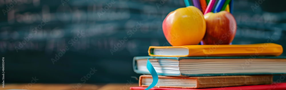 Poster stack of books and pencils topped with a red apple, placed on a desk, symbolizing education and lear