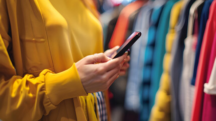 Clothing Store Female Using Smartphone with Online Fashion Store User Interface to Chek Prices on a Stylish Branded Items Close Up Over the Shoulder Shot of a Mobile Device : Generative AI