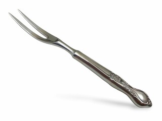 Photo of an elegant antique carving or meat fork, isolated on white background.