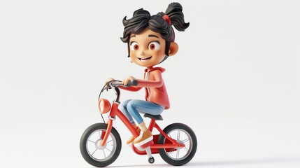 Fototapeta premium A happy 3D cartoon girl is riding a red bicycle.