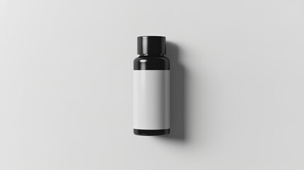 A minimalist black and white travel-size bottle set on a solid light gray background, leaving a large area for text at the top.