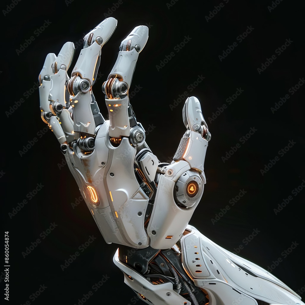 Poster close-up of an advanced robotic hand with illuminated elements, showcasing futuristic technology, ar