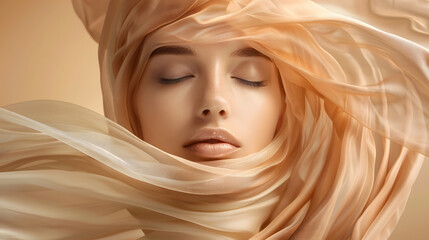 Beauty Model Portrait in Beige Chiffon Fabric flying on Wind Woman Face Skin Care Spa Treatment Dreamy Girl with closed Eyes in Silk Scarf over Brown Background : Generative AI