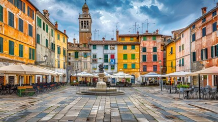 Obraz premium Italian Town Square with Colorful Buildings and a Fountain