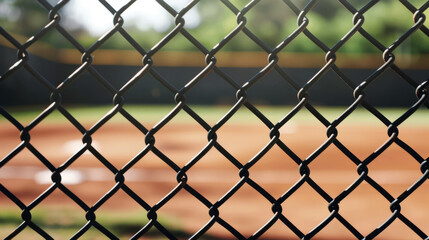Naklejka premium Fence on a baseball field on a sunny day for background. Background for design.
