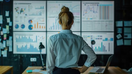 A businesswoman in front of a digital whiteboard filled with charts and analytical notes, symbolizing strategic analysis