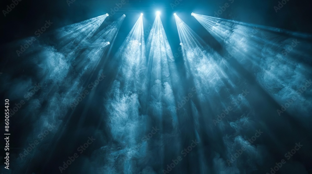 Poster dramatic rays of light piercing through hazy blue fog, creating a mystical and ethereal atmosphere. 