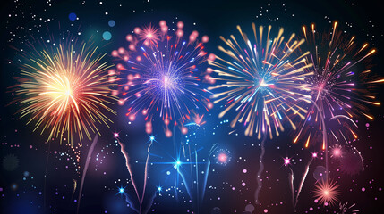 Fototapeta premium Colorful happy new year's eve fireworks explosion on dark night background