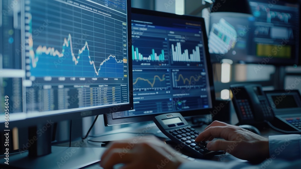 Poster close-up of a computer monitor displaying complex financial graphs, with a hand adjusting figures on