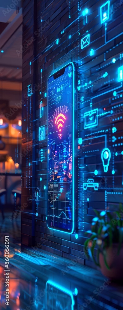 Poster futuristic digital interface with a mobile device in a modern setting, illuminated by neon lights, s