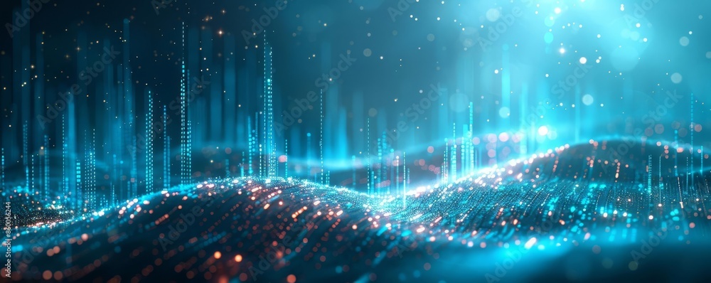 Poster abstract futuristic blue background with glowing particles and dynamic waves, perfect for technology