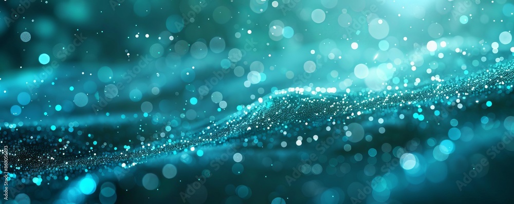 Poster abstract glittering teal wave with glowing particles and bokeh effect, evoking a sense of magic and 