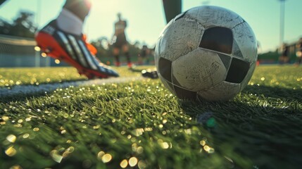 close-up of a soccer ball on a green field, with player feet ready to kick off the game