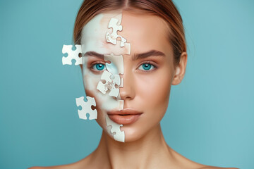 A beautiful woman has puzzle pieces falling on her face,  symbolizing the complexity and beauty of skin health and skincare. Concept of cosmetic effects. face before and after the procedure 