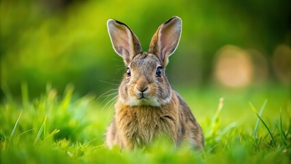 Obraz premium Fluffy brown rabbit in a lush green meadow, rabbit, fluffy, brown, animal, cute, bunny, pet, wildlife, fur, grass, meadow, outdoors